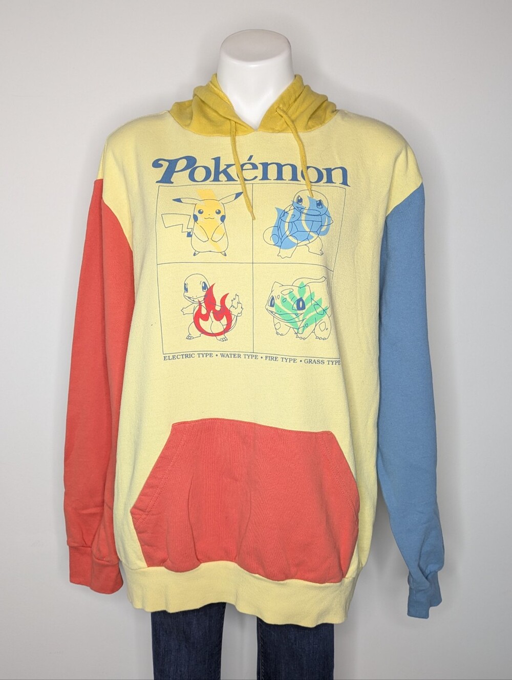 Pokemon Yellow Orange Blue Pikachu Squirtle Charizard Bulbasaur Hoodie 2XL